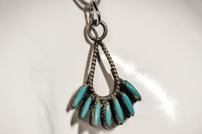 Vintage Needlepoint Turquoise Zuni Pendant - Tested Sterling Silver - Zuni Needlepoint Pendant