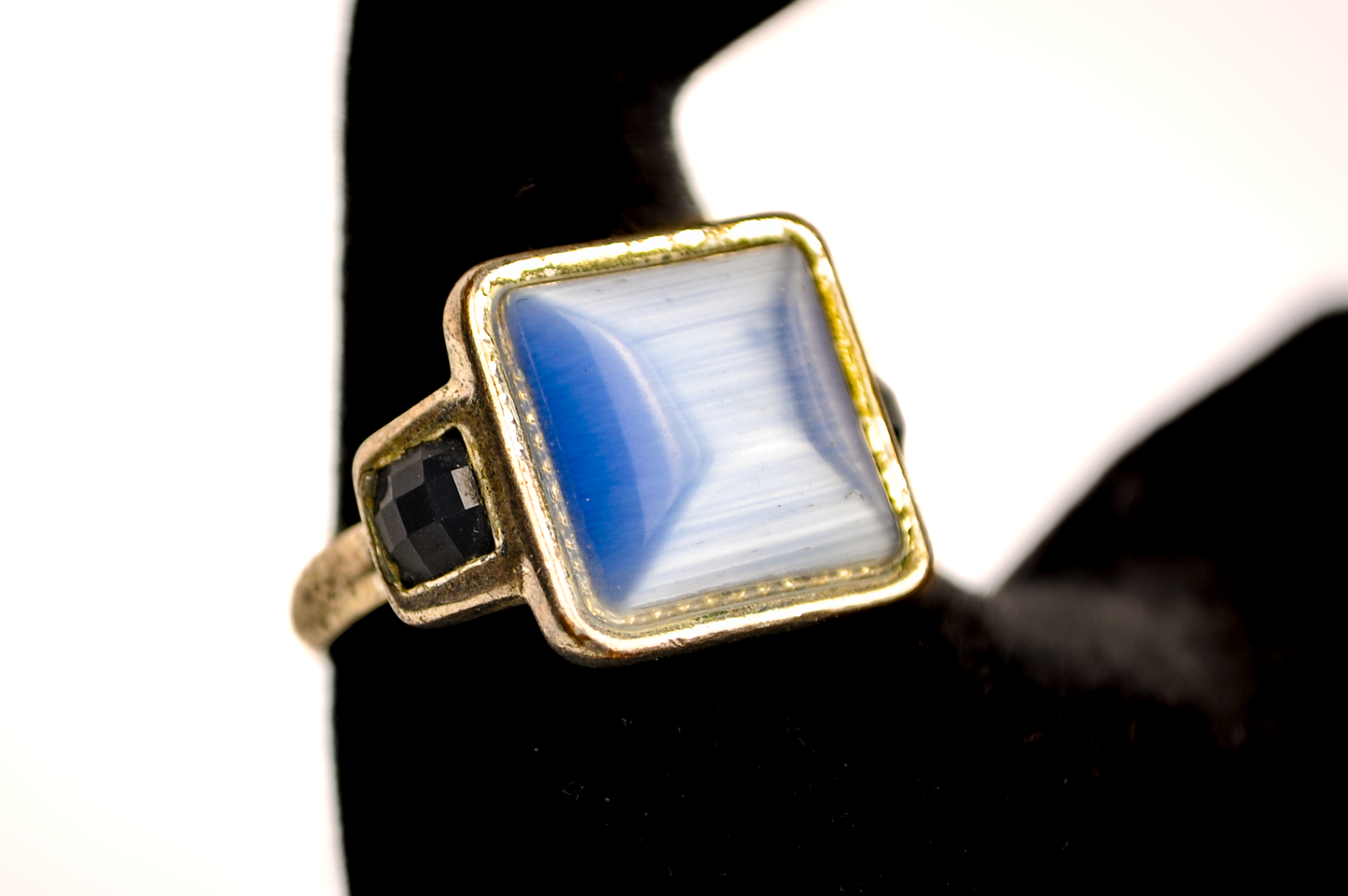 Square Cut Moonstone Ring - Size 9 - Tested Sterling Silver - Checkerboard Black Sapphires