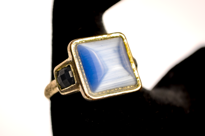 Square Cut Moonstone Ring - Size 9 - Tested Sterling Silver - Checkerboard Black Sapphires