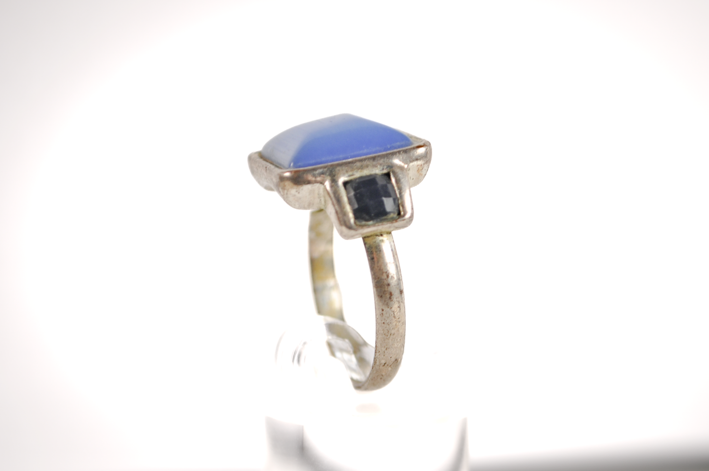 Square Cut Moonstone Ring - Size 9 - Tested Sterling Silver - Checkerboard Black Sapphires