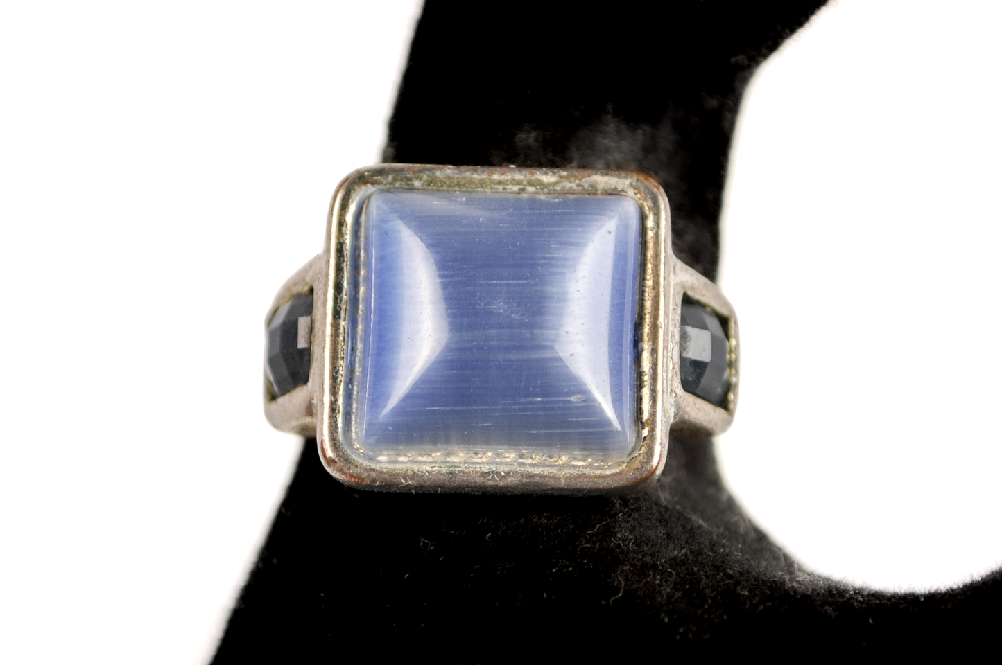 Square Cut Moonstone Ring - Size 9 - Tested Sterling Silver - Checkerboard Black Sapphires