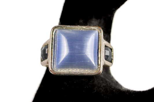 Square Cut Moonstone Ring - Size 9 - Tested Sterling Silver - Checkerboard Black Sapphires