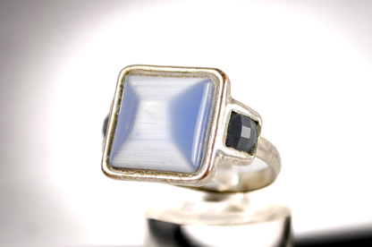 Square Cut Moonstone Ring - Size 9 - Tested Sterling Silver - Checkerboard Black Sapphires