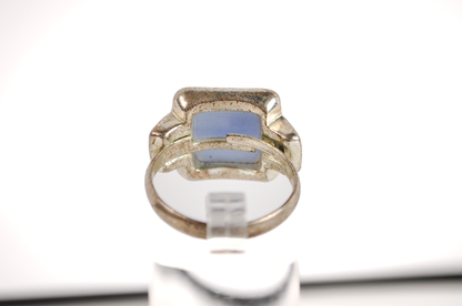 Square Cut Moonstone Ring - Size 9 - Tested Sterling Silver - Checkerboard Black Sapphires