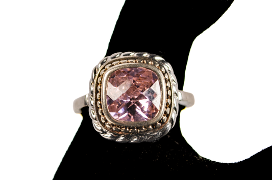 Stunning Large Checkboard Cut Amethyst Twisted Rope Bezel Ring - Size 11 - Stamped and Tested Sterling Silver - Checkerboard Amethyst Ring