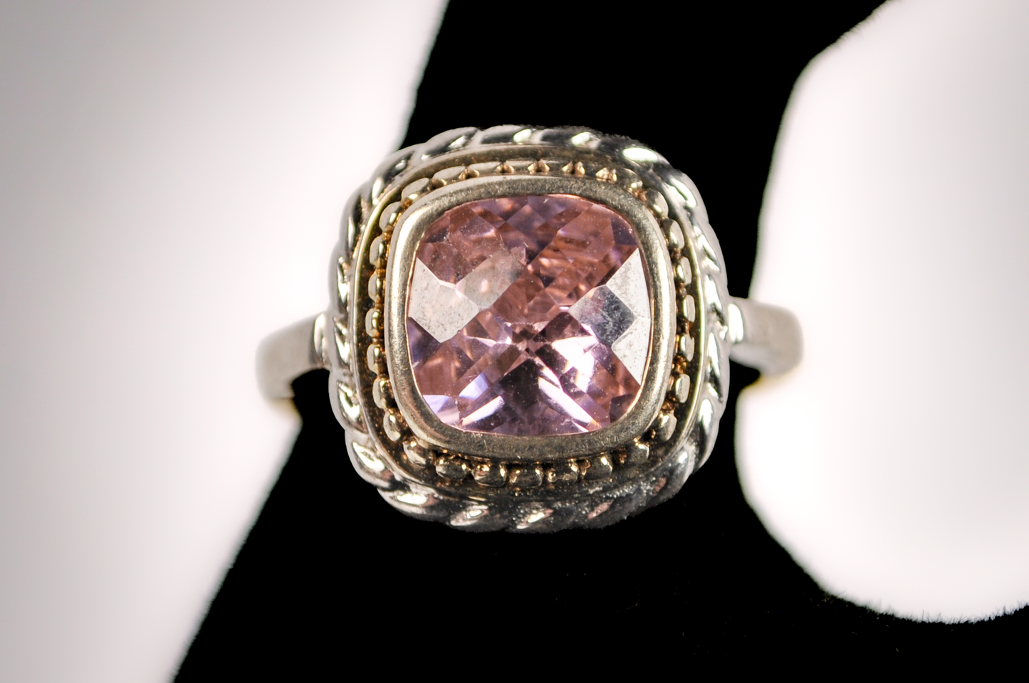 Stunning Large Checkboard Cut Amethyst Twisted Rope Bezel Ring - Size 11 - Stamped and Tested Sterling Silver - Checkerboard Amethyst Ring
