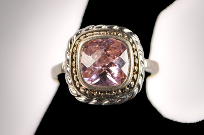 Stunning Large Checkboard Cut Amethyst Twisted Rope Bezel Ring - Size 11 - Stamped and Tested Sterling Silver - Checkerboard Amethyst Ring