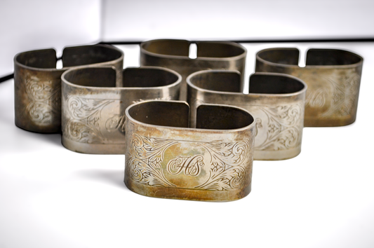Set of 6 Silverplate Embossed Napkin Rings - Tested Silverplate - Monogramed Initials HS