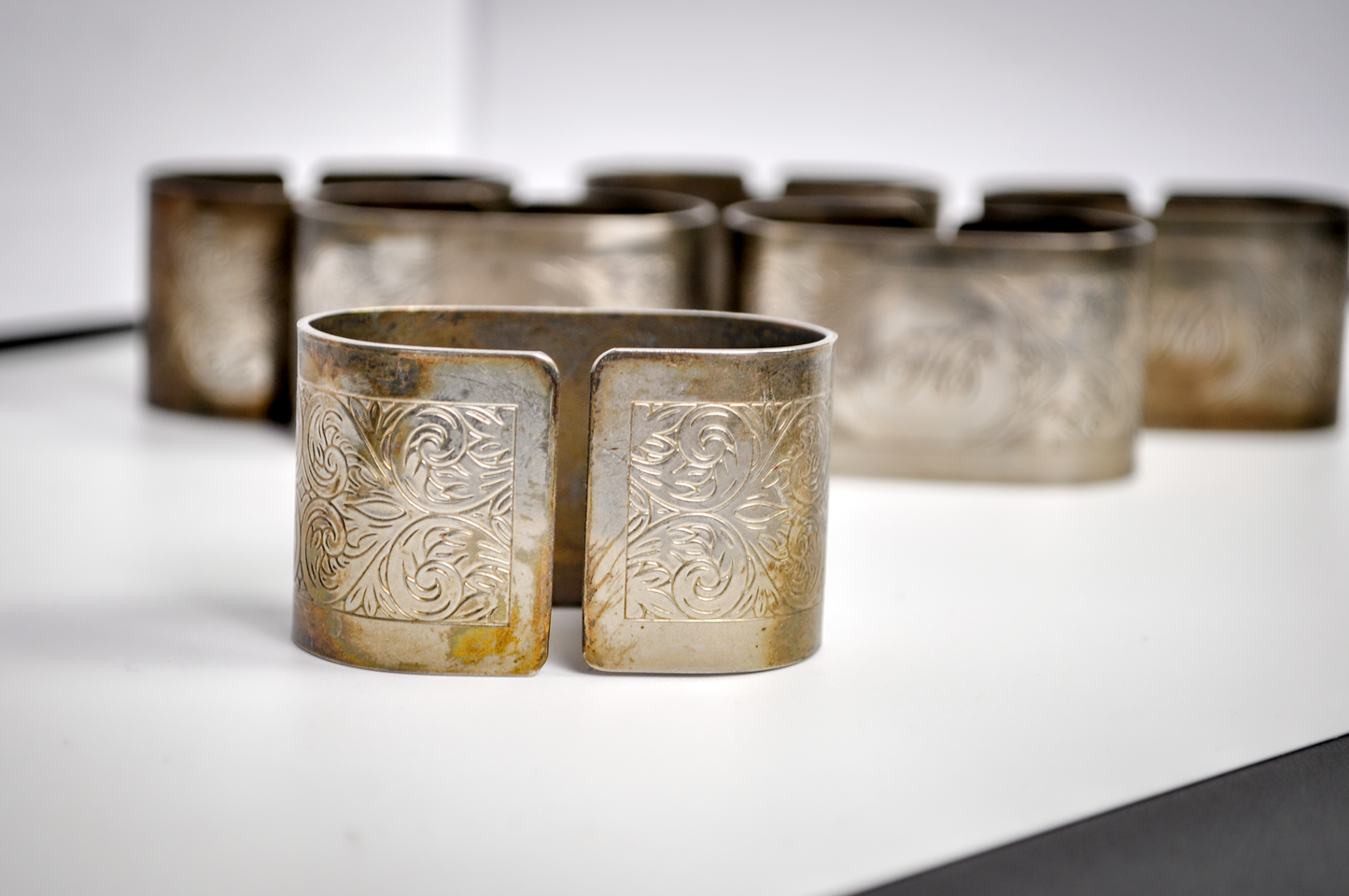 Set of 6 Silverplate Embossed Napkin Rings - Tested Silverplate - Monogramed Initials HS