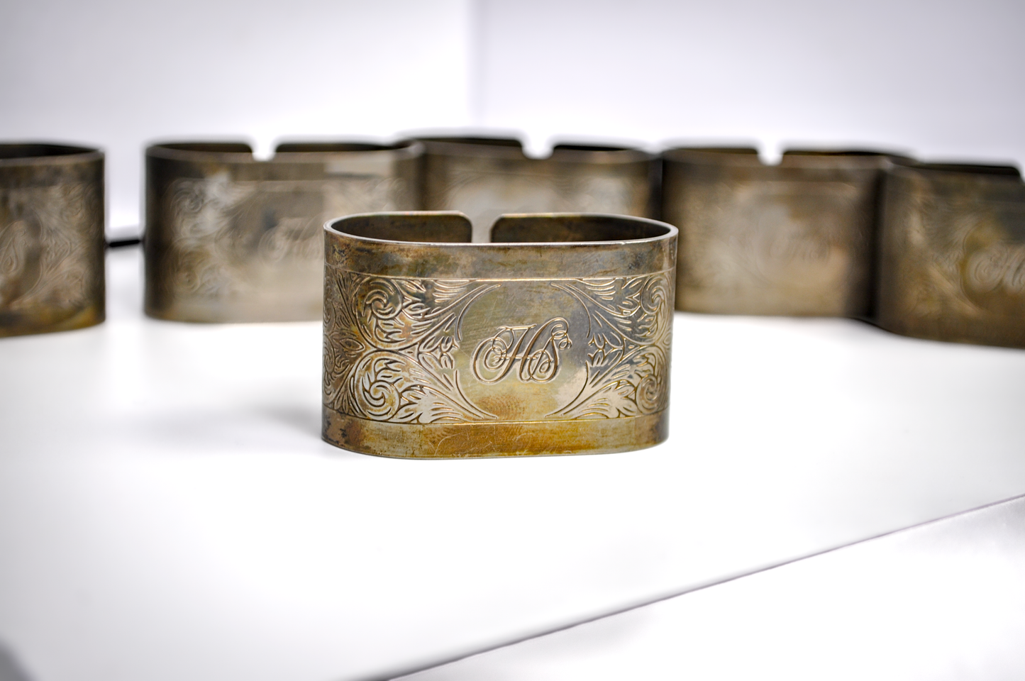 Set of 6 Silverplate Embossed Napkin Rings - Tested Silverplate - Monogramed Initials HS