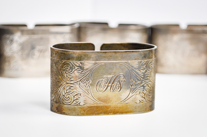 Set of 6 Silverplate Embossed Napkin Rings - Tested Silverplate - Monogramed Initials HS