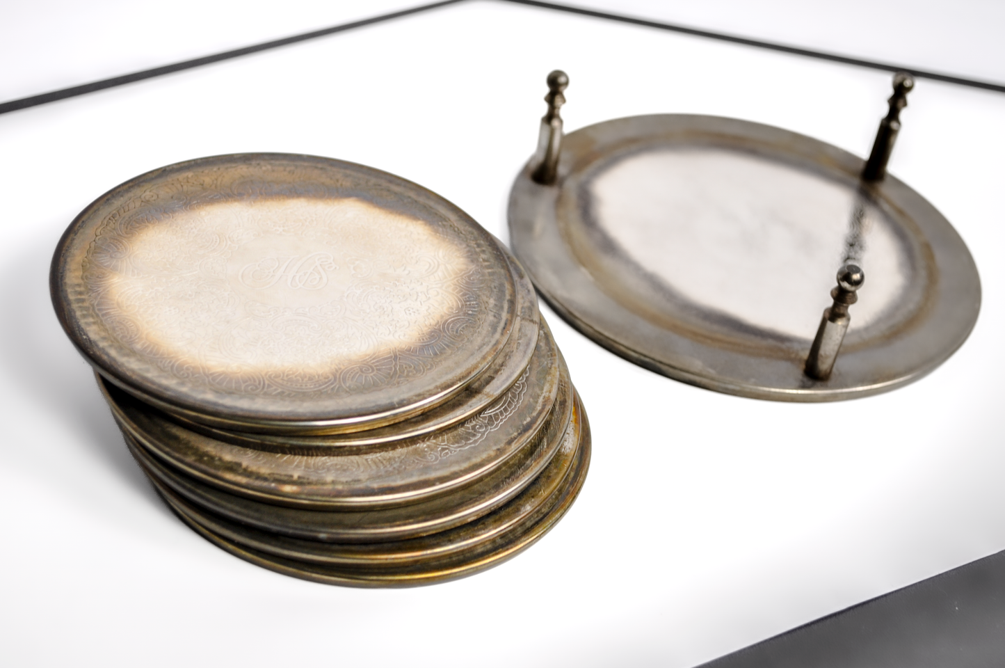 Set of Silverplate Embossed Drink Coasters - Tested Silverplate - Monogramed Initials HS