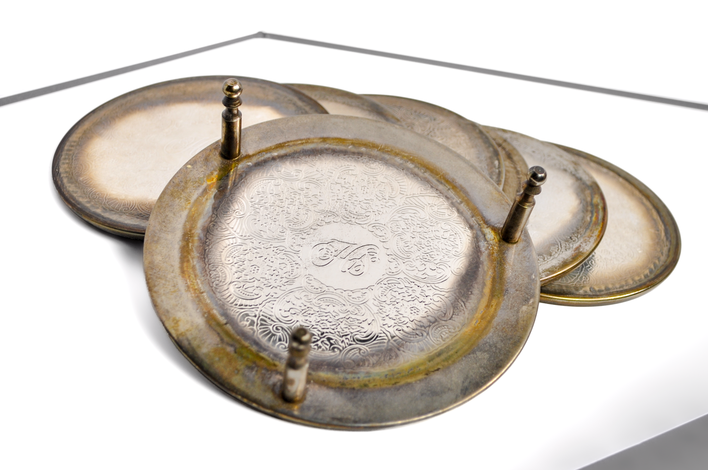 Set of Silverplate Embossed Drink Coasters - Tested Silverplate - Monogramed Initials HS