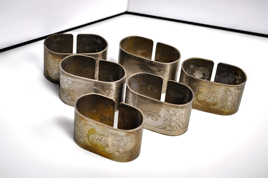 Set of 6 Silverplate Embossed Napkin Rings - Tested Silverplate - Monogramed Initials HS