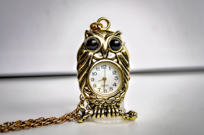 Unique Gold Tone Perched Owl Watch Necklace - 31 Inches - Stamped Stainless Steel - Animal Watch jewelry