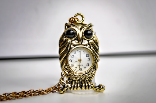 Unique Gold Tone Perched Owl Watch Necklace - 31 Inches - Stamped Stainless Steel - Animal Watch jewelry