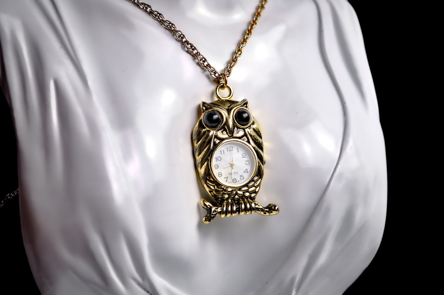 Unique Gold Tone Perched Owl Watch Necklace - 31 Inches - Stamped Stainless Steel - Animal Watch jewelry