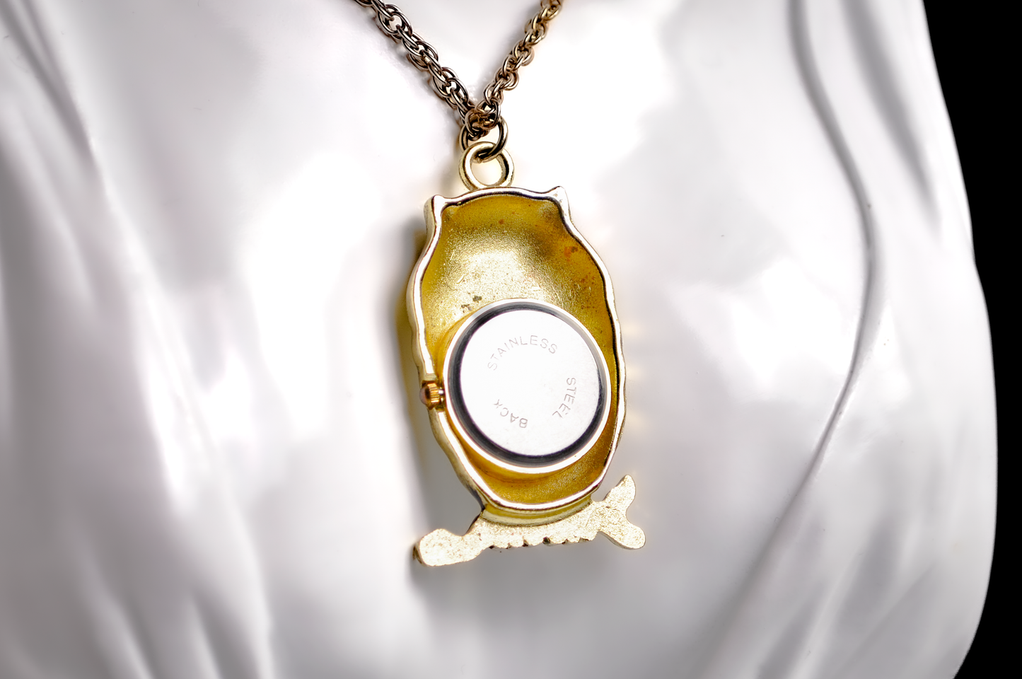 Unique Gold Tone Perched Owl Watch Necklace - 31 Inches - Stamped Stainless Steel - Animal Watch jewelry