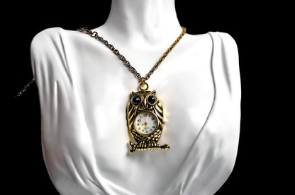 Unique Gold Tone Perched Owl Watch Necklace - 31 Inches - Stamped Stainless Steel - Animal Watch jewelry