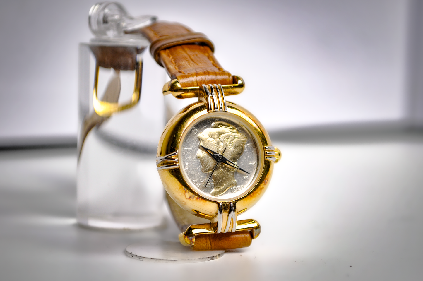 Vintage 1920 Mercury Dime Watch - 8 Inches - Leather Strap - Set to EST