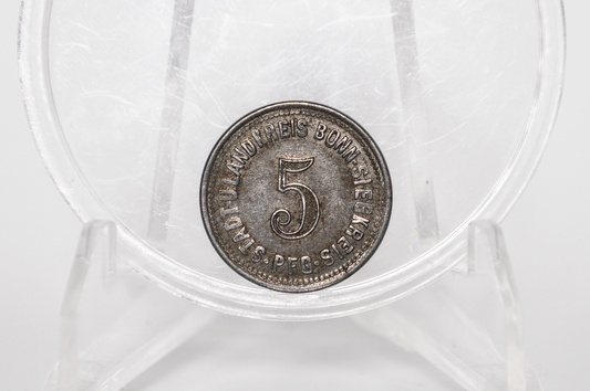 1918 German Bonn and Sieg 5 Pfennig - Notgeld Emergency Coinage - WWI Token - Rhine Bridge Bonn
