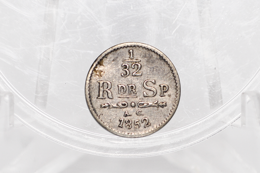 1852 Swedish 1/32 Riksdaler Coin - 480,000 Mintage - King Oscar I - Great for Birthdays, Collections