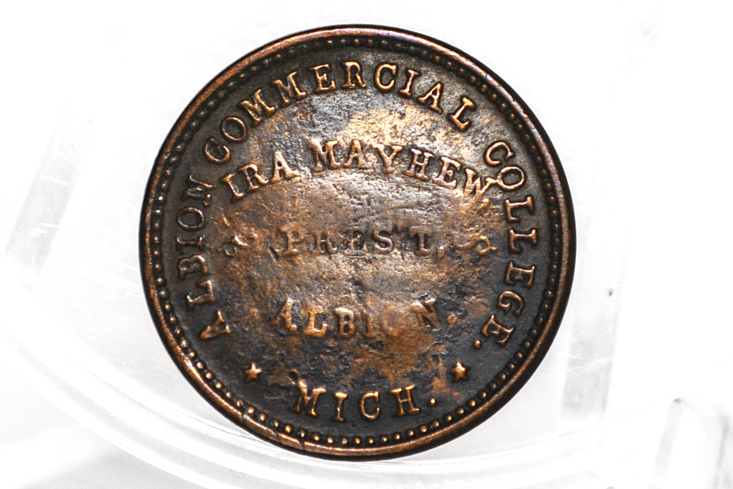 1863 Civil War Store Card Token - Merchant CWT - Mayhew's Practical Book Keep - Albion Commercial College - Albion, Michigan