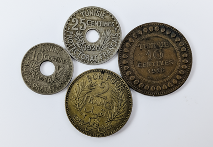Lot of 4 French Occupied Tunisia Coins - 1916-1921 Varying Denominations - Antique Tunisian Coins