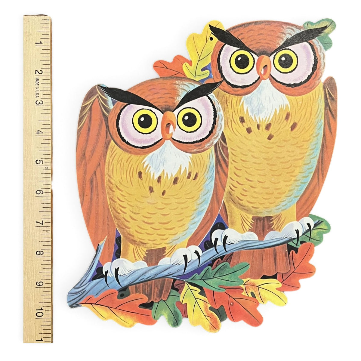 Vintage Halloween Spooky Owls Cardboard Die Cut Wall Decoration - 10.5" x 8.75" - Two Owls on a Branch - 1960s Paper Die Cut Autumn Decor