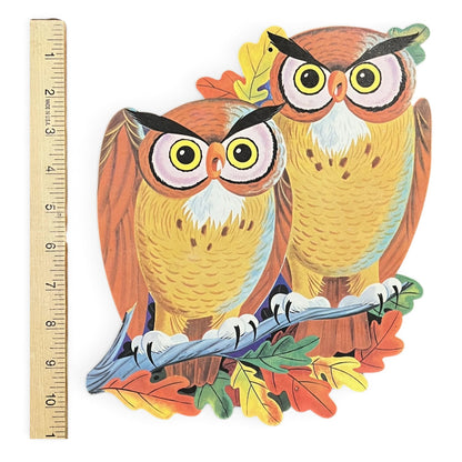 Vintage Halloween Spooky Owls Cardboard Die Cut Wall Decoration - 10.5" x 8.75" - Two Owls on a Branch - 1960s Paper Die Cut Autumn Decor