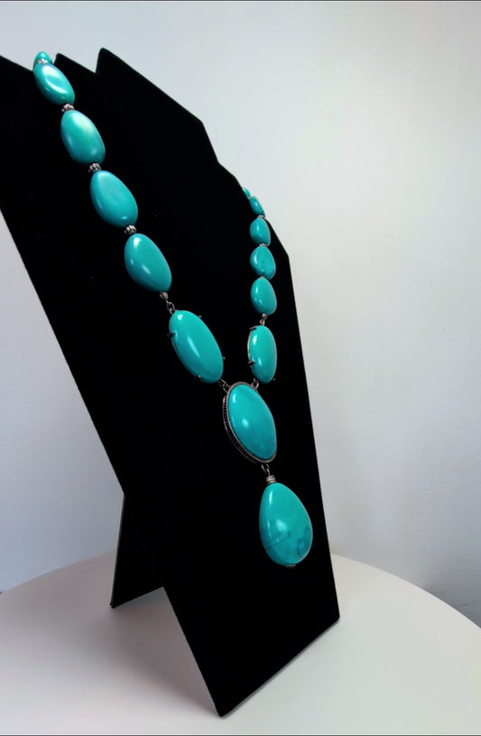Stunning Avon Big & Bold Silver Tone Faux Turquoise Y Drop Necklace adjustable 17 to 20 in.