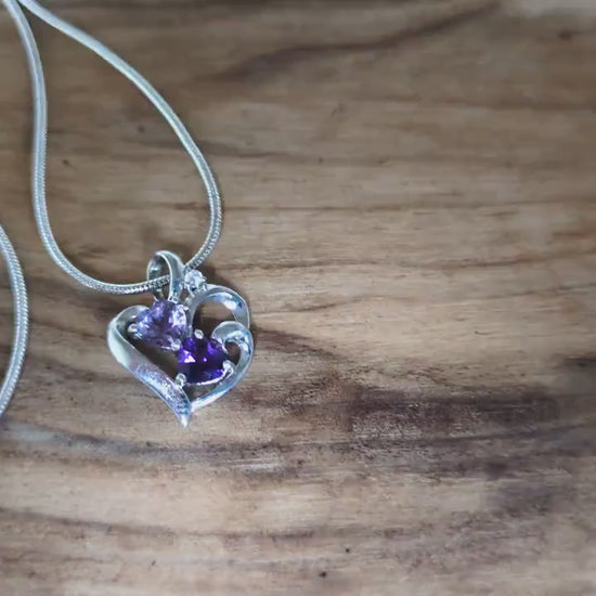 Stunning Sterling Silver Amethyst Gemstone Heart Pendant Necklace - 20 in - Varying Amethyst Shades Necklace - Double Amethyst Heart Pendant