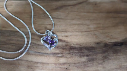 Stunning Sterling Silver Amethyst Gemstone Heart Pendant Necklace - 20 in - Varying Amethyst Shades Necklace - Double Amethyst Heart Pendant