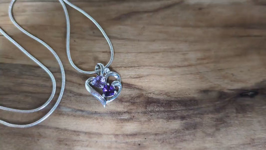 Stunning Sterling Silver Amethyst Gemstone Heart Pendant Necklace - 20 in - Varying Amethyst Shades Necklace - Double Amethyst Heart Pendant