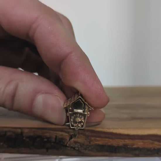 Rare 14K Gold 1960s Cuckoo Clock with Blue Enamel Bird Charm - Stamped 14K - Gold Charm - Yellow Gold Charm