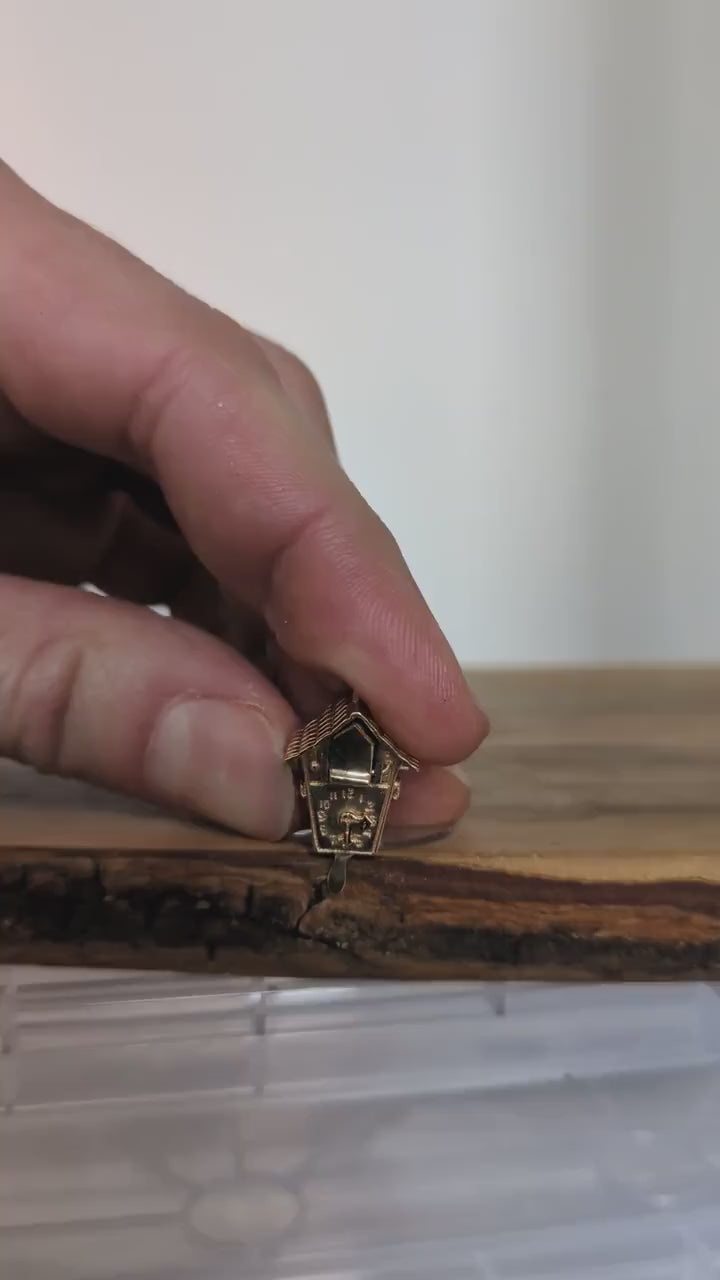 Rare 14K Gold 1960s Cuckoo Clock with Blue Enamel Bird Charm - Stamped 14K - Gold Charm - Yellow Gold Charm