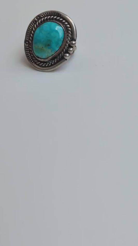 Intricate Sterling Silver Navajo Turquoise Ring - Size 6 - Bright Turquoise Ring - Coiled Dome Ring