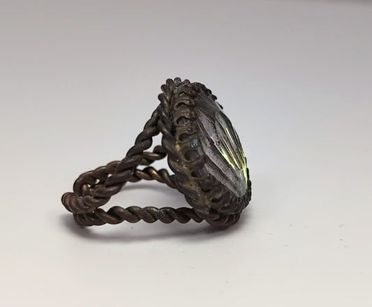 Glistening West Germany Brass Art Glass Twist Split Shank Ring - Size 5/6/Adjustable - Rainbow Glass Effect