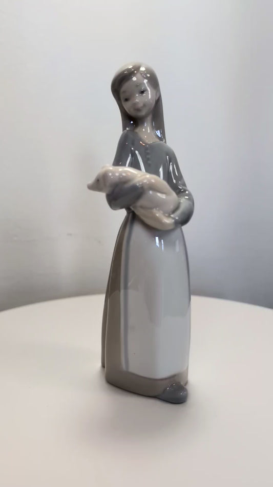 LLADRO Girl with Pig - Children with Animals Collection Glossy Finish Porcelain Figurine- LIKE NEW