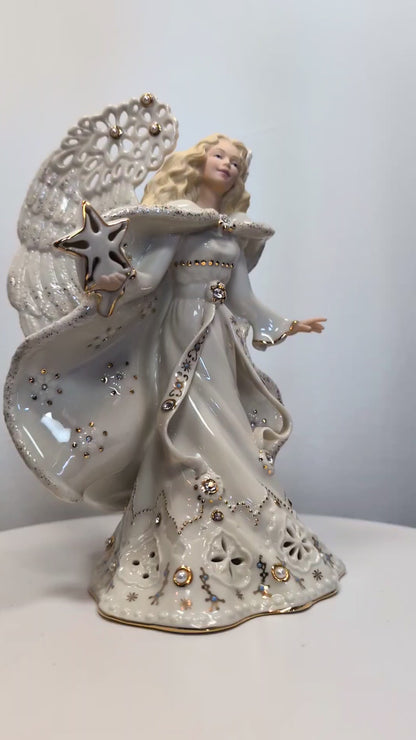 9" Lenox Florentine & Pearl Lighted Angel Ivory China 24kt Gold Leaf Faux Pearl