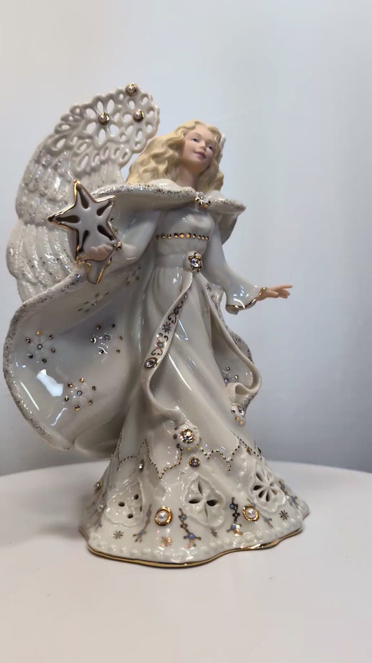 9" Lenox Florentine & Pearl Lighted Angel Ivory China 24kt Gold Leaf Faux Pearl