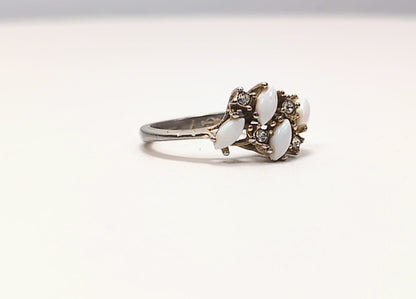 Elegant 1960s Uncas Gold Toned Opal and Rhinestone Ring - Size 7 - Vintage U Arrow Hallmark Faux Opal Inlayed Cocktail Ring
