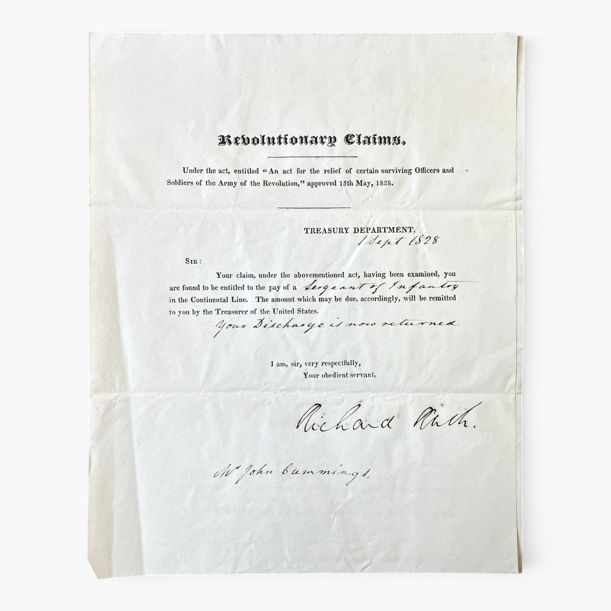 RARE Set of Two 1828 Richard Rush Signed Letters Revolutionary Claims Pension Documents - 1828 Treasury Department Printed Letter Signed Set