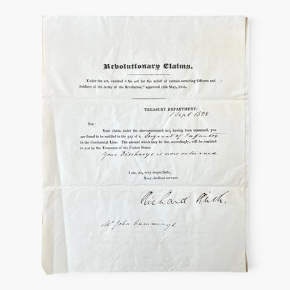 RARE Set of Two 1828 Richard Rush Signed Letters Revolutionary Claims Pension Documents - 1828 Treasury Department Printed Letter Signed Set