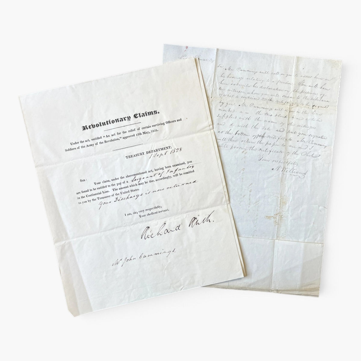 RARE Set of Two 1828 Richard Rush Signed Letters Revolutionary Claims Pension Documents - 1828 Treasury Department Printed Letter Signed Set