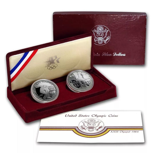 1983-S & 1984-S $1 Silver Dollar Proof Los Angeles Olympics 2 Coin Set w/Box & COA