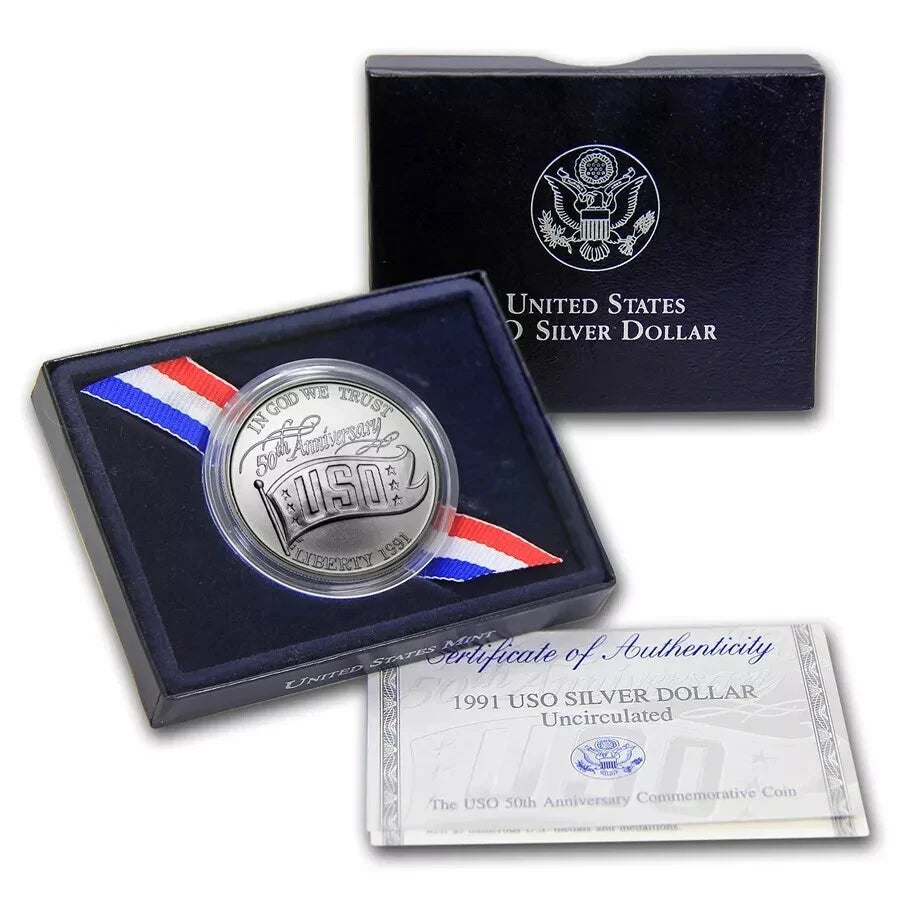 1991-D U.S. UNC Silver One Dollar United Services Organizations Commemorative Coin w/ Box and COA