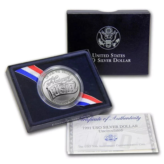 1991-D U.S. UNC Silver One Dollar United Services Organizations Commemorative Coin w/ Box and COA