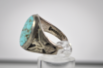 Vintage Size 10 Sterling Silver Oval Kingman Turquoise & Thunderbird Ring - Vintage Native Turquoise Ring Sz 10 Large Statement