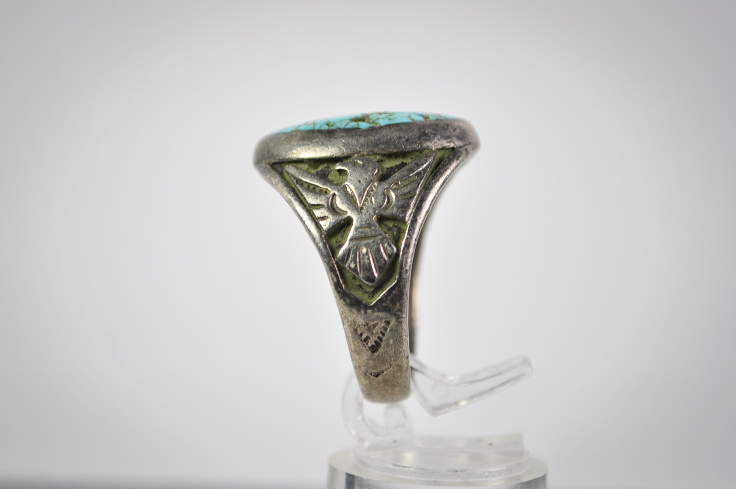 Vintage Size 10 Sterling Silver Oval Kingman Turquoise & Thunderbird Ring - Vintage Native Turquoise Ring Sz 10 Large Statement
